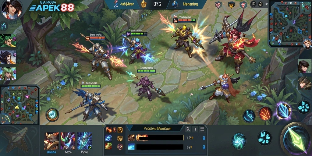 Tangkapan layar APEK88 menampilkan aksi gameplay MOBA yang intens.