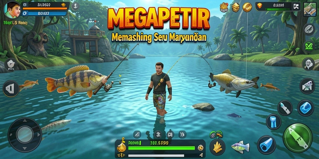 Screenshot utama dari gameplay MEGAPETIR yang menampilkan aksi memancing yang mendebarkan.