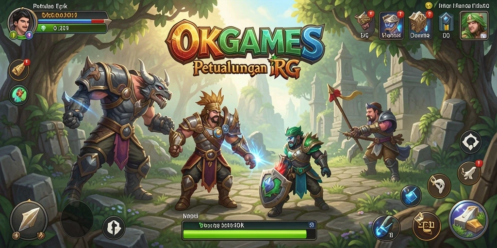 Tangkapan layar gameplay OKGAMES menampilkan pertarungan epik dan eksplorasi dunia luas.