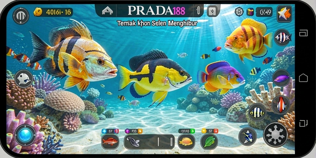 Tampilan gameplay seru PRADA188 saat menembak ikan di bawah laut.