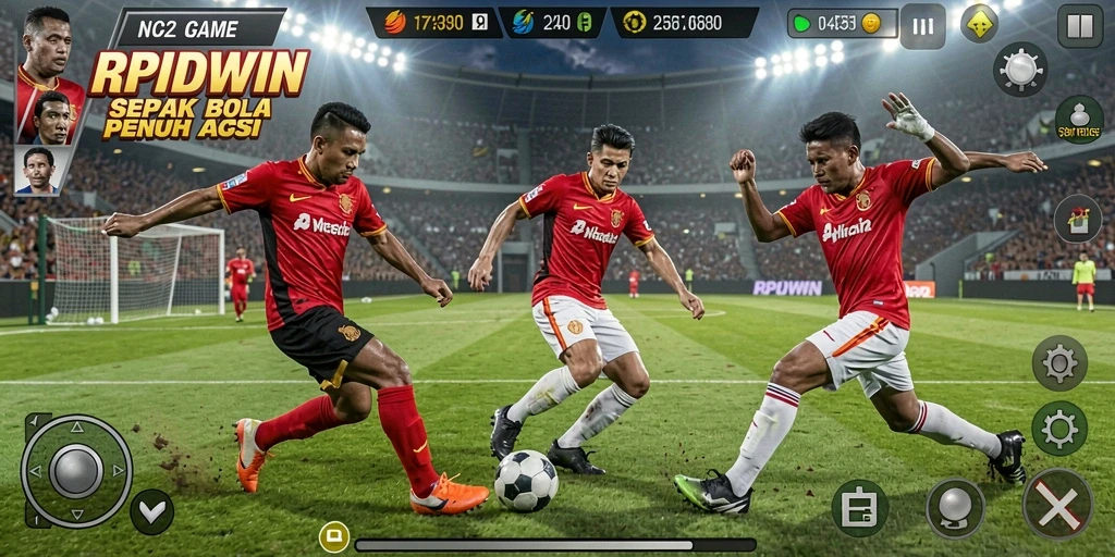 Tampilan gameplay RPIDWIN saat pertandingan sepak bola intens.
