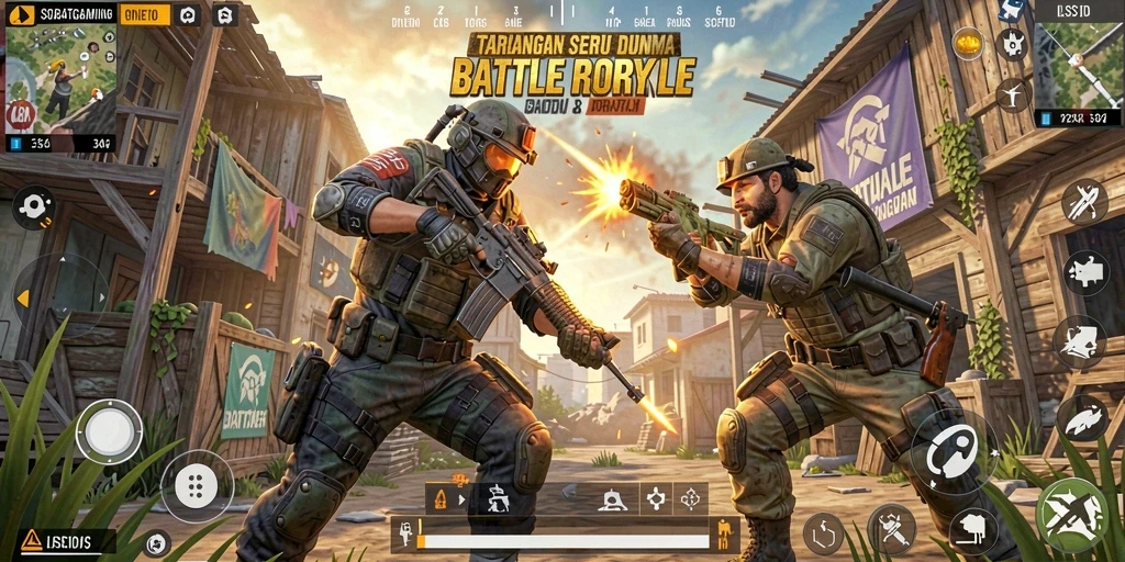 Screenshot gameplay SOBATGAMING yang menampilkan aksi pertempuran Battle Royale.